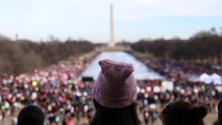 Second Year of Women's March on Washington D.C. in 2018 at National Mall with crowd of women and pink pussy hat