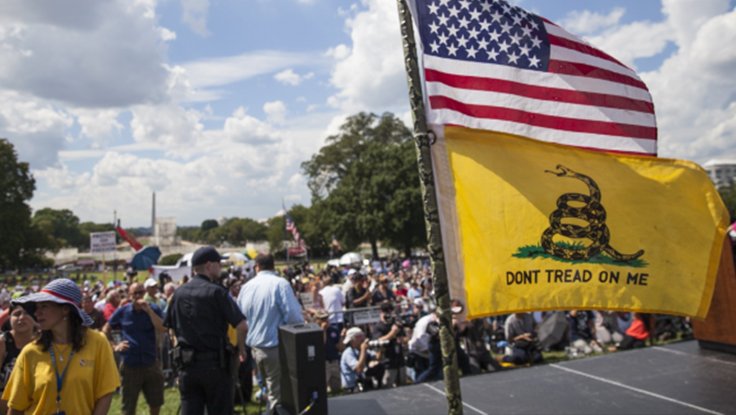 Crowd of people protesting for the Tea Party with the American flag and don't tread on me flag in 2009